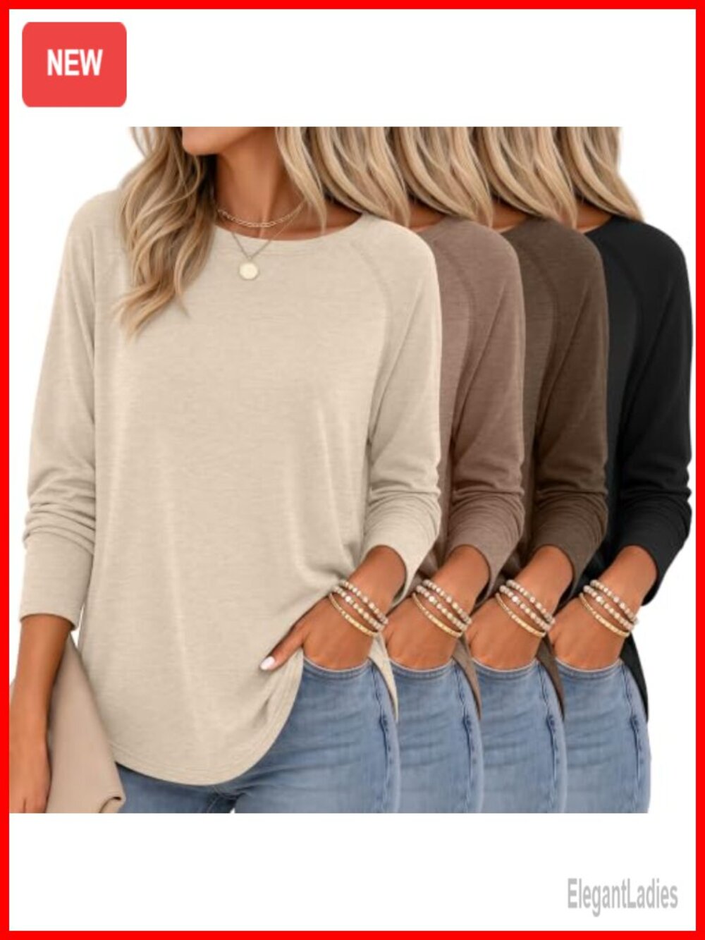 Women's Raglan Long Sleeve Tunic Tops 4 Pack Soft Stretch Crew Neck